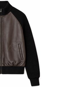 Chaqueta de Punto con Cremallera y Mangas de Cuero Sintético Marrón Oscuro y Negro para Hombre, Cuello Acanalado, Ropa de Abrigo Informal de Invierno, Abrigo de Moda - Product Image 3