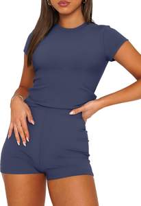 Ensemble d'entraînement 2 pièces côtelées sans couture pour femmes haut court à manches courtes Short de yoga taille haute en coton pour la salle de sport de tous les jours - Product Image 2