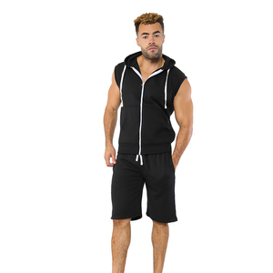 Ensemble sweats à capuche et short sans manches noirs pour hommes sur mesure Ensemble survêtement d'été en molleton de coton fermeture éclair complète tenue décontractée élégante - Product Image 1