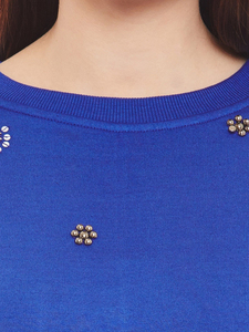 สเวตเชิ้ตใส่สบายสำหรับผู้หญิงเสื้อสเวตเตอร์ระบายอากาศได้ดีสีฟ้าล้วน - Product Image 5