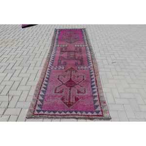 3.37x10.3 ft <b>Rug</b>, Vintage Turkish <b>Runner</b> <b>Rug</b>, Pink Herki Wool <b>Rug</b> - Product Image 1