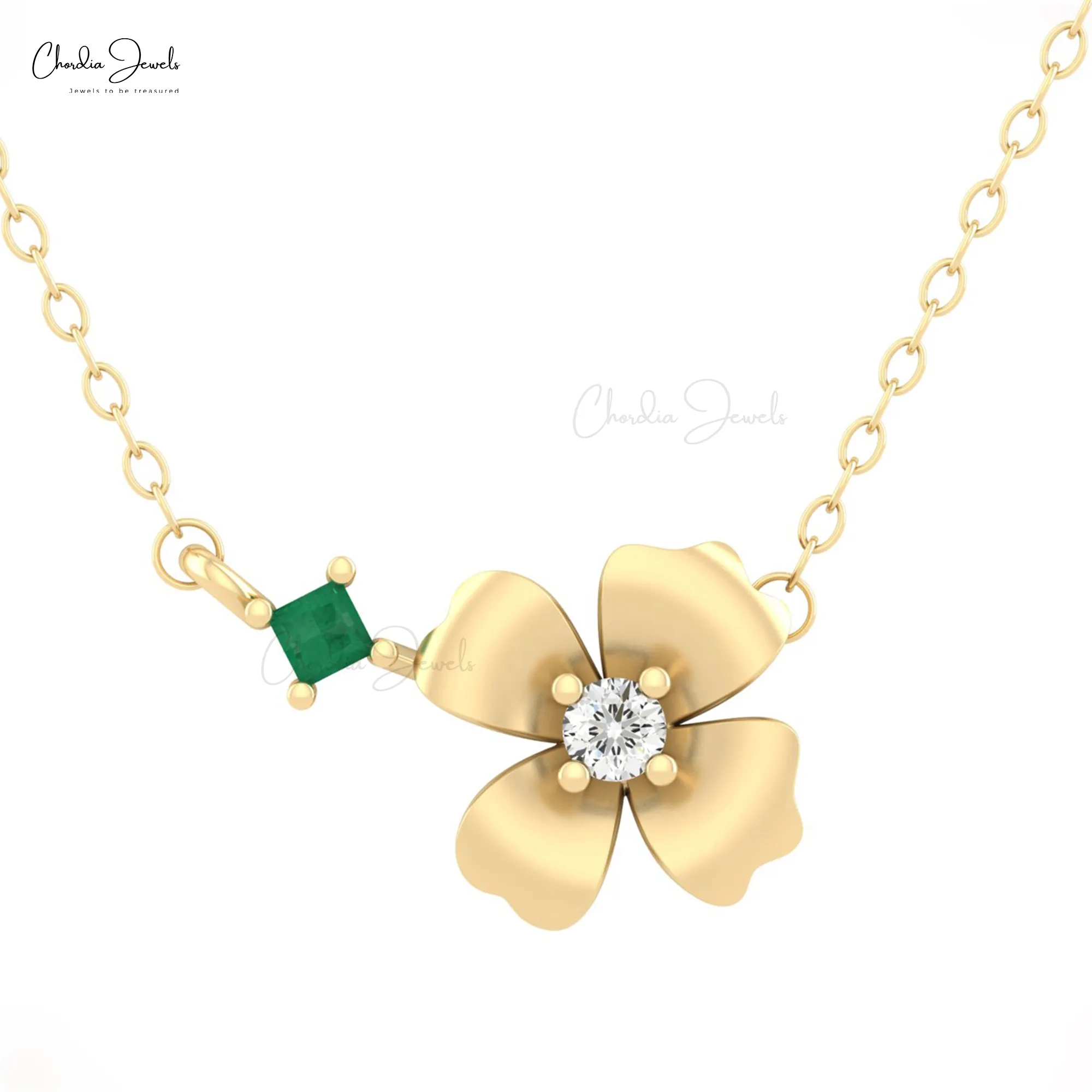 2. mm Vierkant Smaragd und Diamant Blumenanhänger Halskette Echt 14k Massivgold Schmuckhersteller und Großhändler