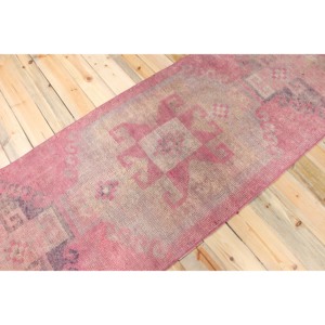 Tapis turc vintage, tapis Herki 3,1x12,1 pieds, tapis en laine géométrique rose gris - Product Image 2