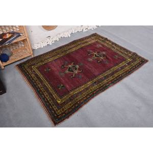 Vintage Classic Eco Friendly <b>Wool</b> Rug 4.1 X 5.6 ft <b>Red</b> Yellow Patchwork Handmade Abstract Medium Pile Dining Room Latex Backed - Product Image 3