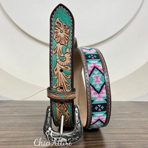 Ceintures perlées en cuir usiné à la main de mode directe d'usine en gros pour hommes et femmes ceintures à boucle ardillon en alliage de cuir de vachette véritable - Product Image 1