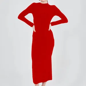 Vestido vermelho de veludo cotelê elegante vestido de tecido de areia vermelho longo e fluido vestido elegante