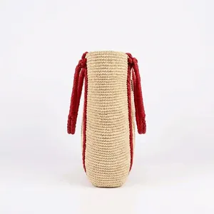 Casual <b>Tote</b> <b>raffia</b> Handbag With Red Rope Handles Bohemian Style Open Top Women Beach Bag Durable 3L Capacity - Product Image 3
