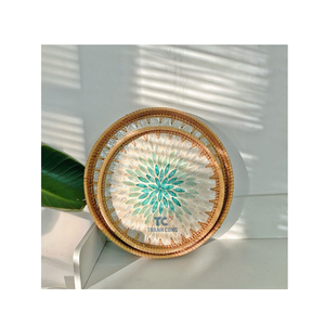 Mother of Pearl <b>Rattan</b> Eco-Friendly Handmade Round Serving Tray-Unique Woven Design for Home & Restaurant Use - Product Image 3