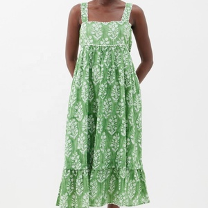 Vestido Midi de Algodón Jersey Transpirable con Estampado Floral Verde, Cuello Cuadrado, Corte A, Sin Mangas, Estilo Casual Prairie Chic de Verano con Volantes y Cintura Imperio - Product Image 1