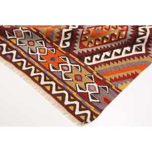 Alfombra Turca Vintage de Lana 5x8 pies, Patrón Ombré Rojo Naranja, Diseño Ecológico de Patchwork, Base de Látex - Product Image 5