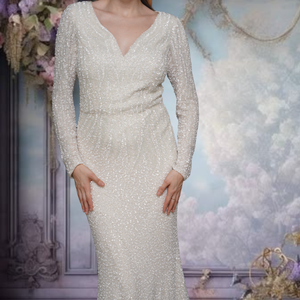 ชุดแต่งงานนางเงือกพร้อมลูกปัดคอวีแขนยาวหรูหราสง่างามชุดราตรีทางการปักลายด้วยมือ - Product Image 4