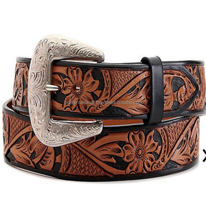 เข็มขัดเครื่องมือหนังผู้ชายแกะสลักด้วยมือในลวดลายดอกไม้และใบไม้พร้อมขอบสีดำวาดด้วยมือและพื้นหลังหัวเข็มขัดทองเหลืองหนัก - Product Image 4