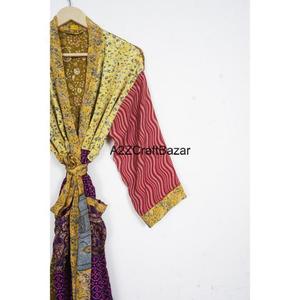 Robe d'été bohème en patchwork, 100% soie, respirante, douce, faite à la main, pour femmes, manches trois quarts, col en V, fermeture à cordon, décontractée - Product Image 3