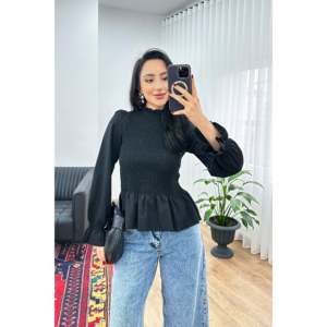 Blusa Negra con Cuello Alto Fruncido para Mujer, Marca Lustrin, con Elegantes Detalles de Encaje, Tejido Transpirable de Mezcla de Algodón para Primavera/Verano - Product Image 1