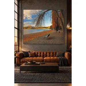 Banc isolé Fida au bord du lac en automne, impression sur toile - Product Image 5