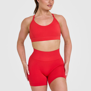 New Custom Muscle Mommy <b>Red</b> Unified Twist Waist Shorts & Everyday Round Neck <b>Sports</b> <b>Bra</b> Women Workout Gym 2 Piece Set For Women - Product Image 1