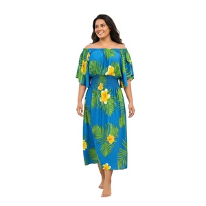 Vestido Maxi <span class=keywords><strong>Tropical</strong></span> de Verano para Mujer, con Hombros Descubiertos, Estampado Floral, Tela de Rayón, Estilo Boho, para la Playa - Product Image 1