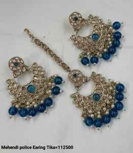 BOUCLES D'OREILLES BOLLYWOOD MEHNDI POLONAIS INDIEN À LA MODE ET TRADITIONNEL AVEC BOUCLES D'OREILLES DE PERLES ET ENSEMBLE MANGTIKKA POUR FEMMES ET FILLES - Product Image 2