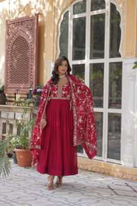 Bridal <b>Red</b> Anarkali Gown for Special Celebrations - Crafted with Opulent <b>Fabric</b> and Fine Detailing for Export Selling - Product Image 3