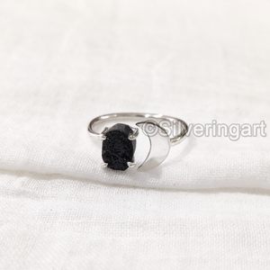 Women's <b>Ring</b> Natural Raw Black Tourmaline Gemstone October Birthstone Crescent <b>Moon</b> Handmade Jewelry 925 Sterling Silver <b>Ring</b> - Product Image 3
