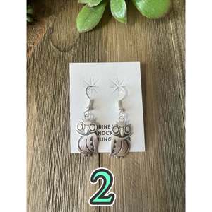 Navajo Handcrafted Sterling Silver Owl Drop Earrings with Pearl <b>Shell</b> Diamond Accents - Product Image 4