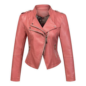 Venta al por mayor de alta calidad de la mujer corta PU Biker Jacket Soft Faux Leather Printed Fabric Stand Collar Cremallera Botones de invierno - Product Image 1