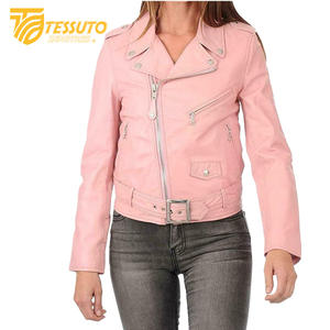 Chaqueta de motorista de cuero real para mujer, piel de oveja de anilina con cremallera, forro de viscosa acolchado rojo, bolsillos exteriores interiores - Product Image 2