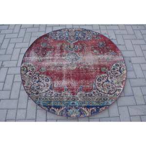 Vintage Turkish Rug Large Area 4.2 X 4.2ft <b>Red</b> Blue Patchwork Design Wool Material <b>Latex</b> Backing Teen Oval Dining Room Eco - Product Image 1