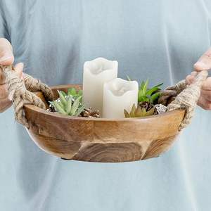 Bol à fruits en bois d'acacia massif fait à la main avec poignées en corde rustiques plat de service rond décoratif pour décoration de table - Product Image 3