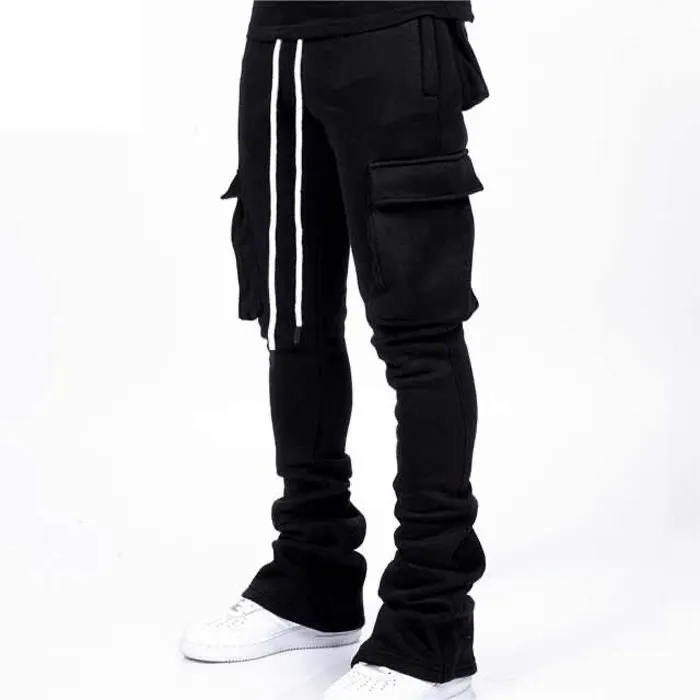 Wholesale stacked sweat pants custom cotton black cargo trackpants multi pocket men stacked trousers