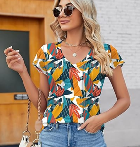 Blusas de Mujer Elegantes Casuales de Verano con Mangas con Volantes, Camisetas de Poliéster Modernas con Mangas Cortas con Volantes, Cuello en V Regular, Lavables - Product Image 1