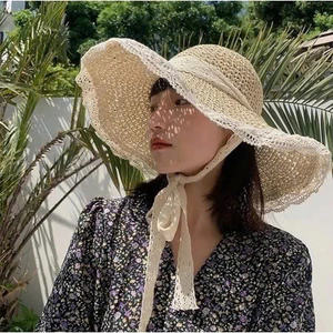 หมวกฟางทำด้วยมือพร้อมริบบิ้นลูกไม้หมวกชายหาดวินเทจหมวกปีกกว้างปรับได้สำหรับผู้หญิงฤดูร้อน - Product Image 4