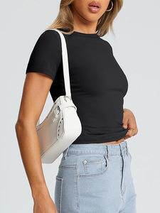 Camiseta informal de algodón elástico ajustada básica de alta calidad para mujer, Camiseta lisa de manga corta de Color sólido, camisetas de talla grande de verano con logotipo - Product Image 6