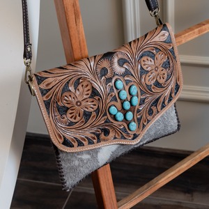 Nuevo estilo occidental hecho a mano con pelo en piel oculta bolso de hombro con flecos de cuero estilo bohemio cuero tallado bolsos de piedra turquesa - Product Image 4