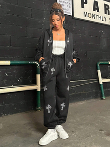 Tendance Rhinestone Survêtement pour femmes de haute qualité OEM quantité minimale de commande personnalisé 350Gsm coton lourd polaire pantalons de survêtement et sweat à capuche - Product Image 3