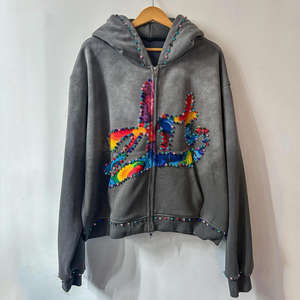 Sudadera con capucha personalizada con cremallera de diamantes de imitación para hombre, ropa de calle con lavado ácido de 370 gramos, logotipo estampado de pantalla, algodón pesado, a la moda Top con capucha, ajuste ajustado de otoño - Product Image 4