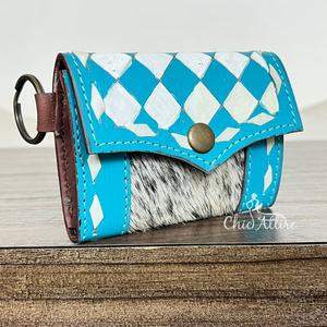 Venta al por mayor de moda a mano de cuero de vaca monedero Mini llavero carteras blanco y turquesa patrón a cuadros pequeña bolsa - Product Image 1