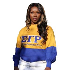 Suéter azul y dorado para mujer, prendas de punto cálidas de algodón suave, diseño de letras de hermandad para clima frío - Product Image 1