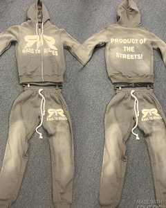 Ensembles de survêtements de haute qualité pour femmes et hommes, en coton épais 100%, avec pantalons de survêtement empilés, ensemble jogger et sweats à capuche brodés effet vieilli - Product Image 6