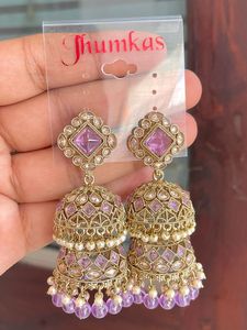 ต่างหู Jhumki สองชั้นแบบอินเดียดั้งเดิมคุณภาพพรีเมี่ยมที่สวยงามการออกแบบเพชรแบบย้อนกลับทำในสไตล์ห้อย - Product Image 6