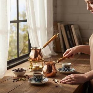 Carafe à café 3 pièces de style traditionnel en cuivre et laiton avec verre, céramique et métal pour thé, lait, boissons, cadeaux, motif de poignée - Product Image 3