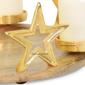 Candelabro de aluminio decorativo de Navidad con cuatro velas de té en base de madera redonda, soporte de Adviento plateado - Product Image 4