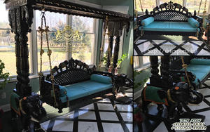 Royal Jali Design Flower Carved Jhoola Manufacturer Indian Teak Wood Heavy Carved Swing Jhula Best Carved Swing for Home Online - Product Image 3