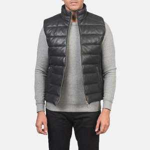 Gilet en cuir véritable Reeves noir, décontracté, matelassé, coupe-vent et imperméable, avec logo personnalisé, en tissu polyester pour l'hiver - Product Image 1