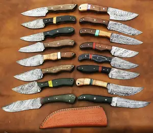 Custom Size Wooden Handle Damascus Steel Hunting Knife Lot Fixed Blade Camping Skinner Knife