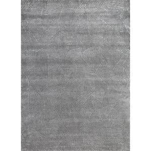 Tapis en laine et soie de bambou à motif géométrique Uvenuti, noué à la main, gris et noir, pour salon, récompensé par le Designers Choice Award - Product Image 1