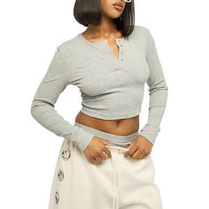 New Arrivals Hot Sale Casual Solid Breathable Slim Fit Yoga Sports <b>Henley</b> Crop <b>Top</b> Skin Friendly Luxury <b>Women</b> <b>Henley</b> Waffle <b>Top</b> - Product Image 4