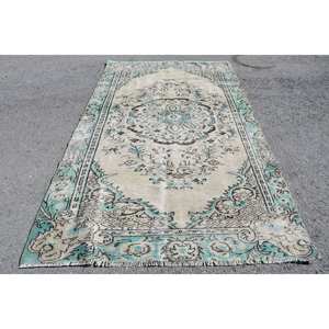 พรมตุรกีโบราณ-ดีไซน์สีเบจและสีน้ำเงิน5.5X9.5ฟุตคลาสสิก - Product Image 1