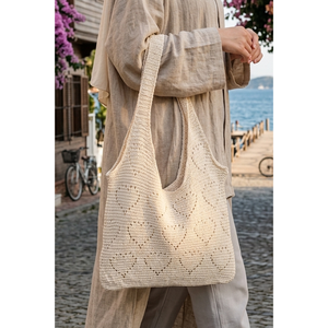 Bolso de Verano Tejido con Motivo de Corazón Estilo Bohemio, Color Crudo, Moda Japonesa para Mujer, Abierto, de Poliéster, Portátil, para Uso en Invierno y Otoño - Product Image 1