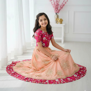 Conjunto de Lehenga Choli Étnico de Diseño para Niñas, Corte en A, Largo Midi, Bordado, Clásico Floral, 100% Seda, Estilo Vintage, Tallas de 6 Meses a 15 - Product Image 1